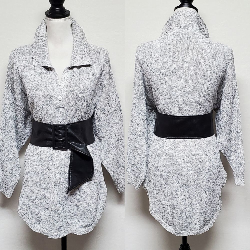 VINTAGE 1970s Erika Gray Black Speckle Knit High Low V-neck Wide Belt Dress M